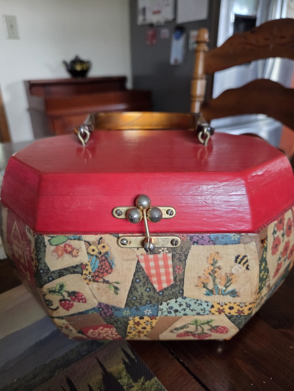 Vintage Red Patchwork Wooden Sewing Box